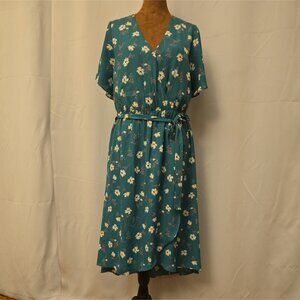 Sienna Sky Green & White floral lined Summer midi wrap dress  L tie front